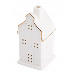 Świecznik ceramiczny świąteczny led Domek biały ze złotą linią 12 cm