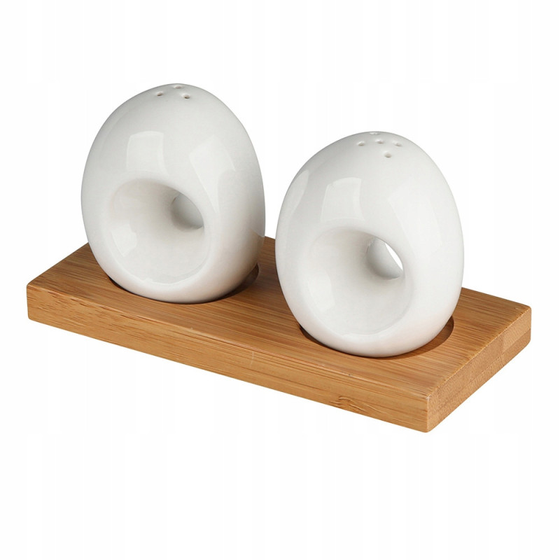 Solniczka i pieprzniczka porcelanowa na podstawie bambusowej kremowa, 2 szt