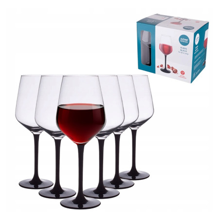KOMPLET 6 KIELISZKÓW WINO CZERWONE CZARNA NÓŻKA 370ML