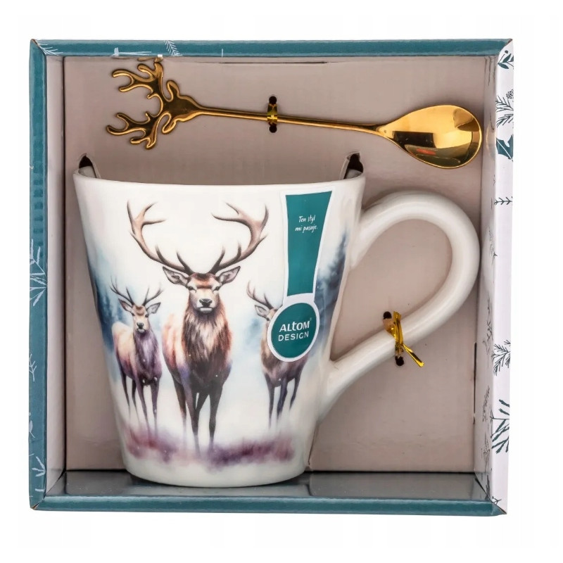 Kubek świąteczny porcelanowy ze złotą łyżeczką w pudełku Jeleń 480 ml