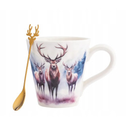 Kubek świąteczny porcelanowy ze złotą łyżeczką w pudełku Jeleń 480 ml