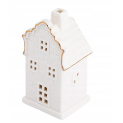 Świecznik ceramiczny świąteczny led Domek biały ze złotą linią 12,5 cm