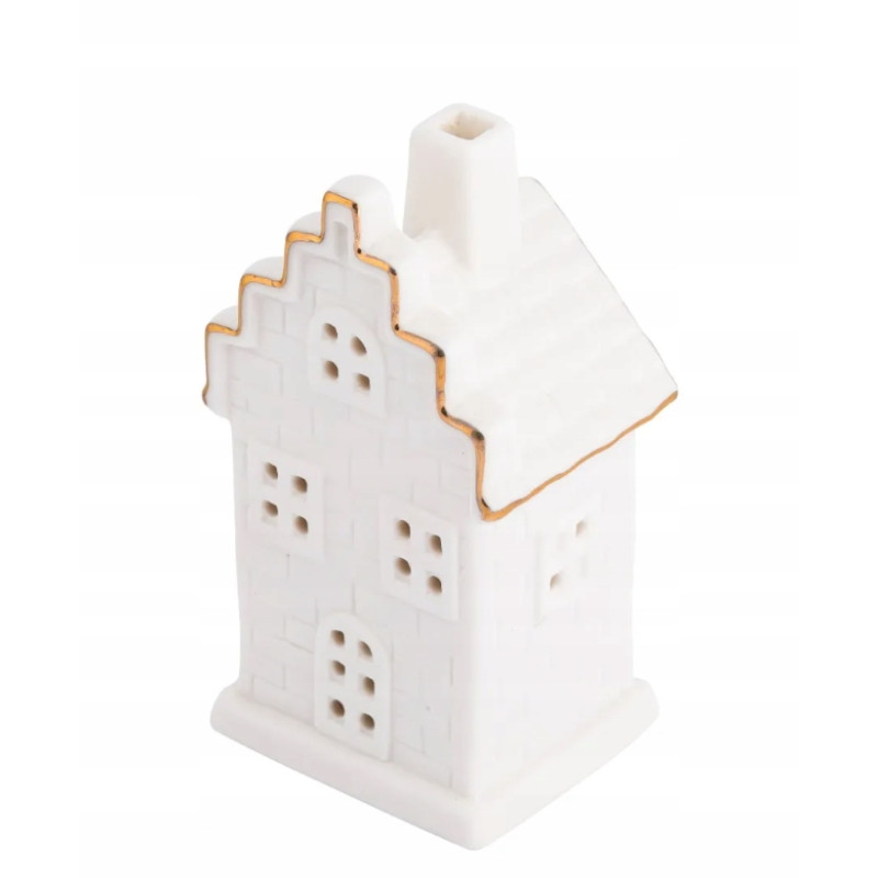 Świecznik ceramiczny świąteczny led Domek biały ze złotą linią 11 cm