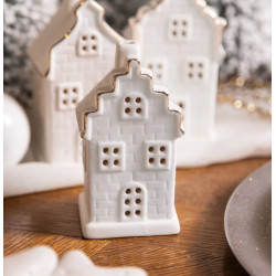 Świecznik ceramiczny świąteczny led Domek biały ze złotą linią 11 cm