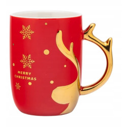 Kubek świąteczny porcelanowy z ozdobnym uchem Renifer czerwony 400 ml