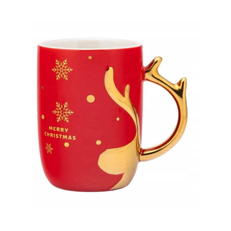 Kubek świąteczny porcelanowy z ozdobnym uchem Renifer czerwony 400 ml