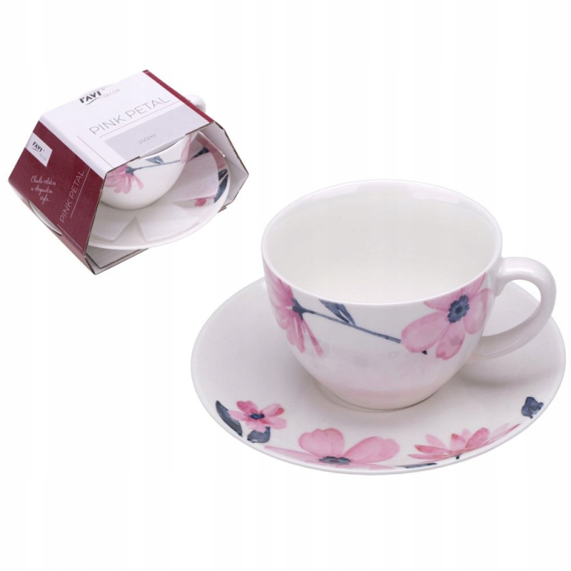Filiżanka i spodek PINK PETAL 240 ml z porcelany New Bone