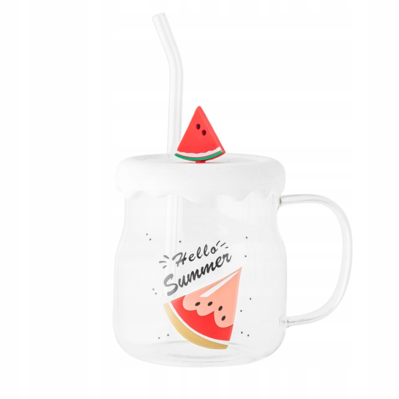 KUBEK SZKLANY Z SILIKONOWĄ POKRYWKĄ I SZKLANĄ SŁOMKĄ 600 ML DEK. ARBUZ