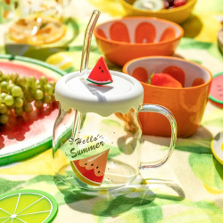 KUBEK SZKLANY Z SILIKONOWĄ POKRYWKĄ I SZKLANĄ SŁOMKĄ 600 ML DEK. ARBUZ