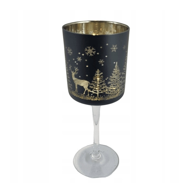 KIELICH ŚWIECZNIK SZKLANY CZARNY ZŁOTY Z RENIFEREM NISKI 20x7x7 CM