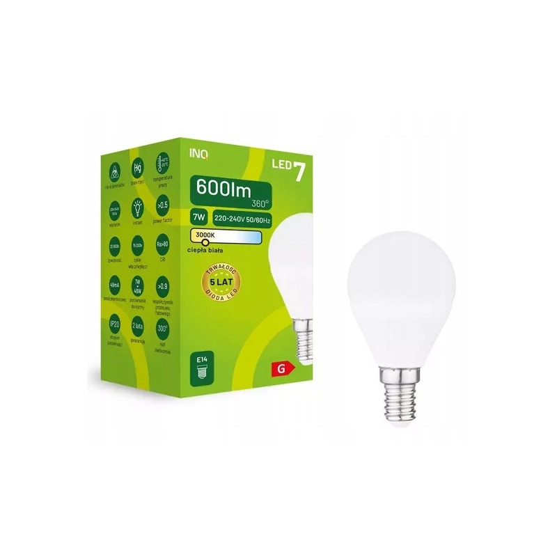 ŻARÓWKA LED G45 E14 7W KULKA 600lm 3000K INQ