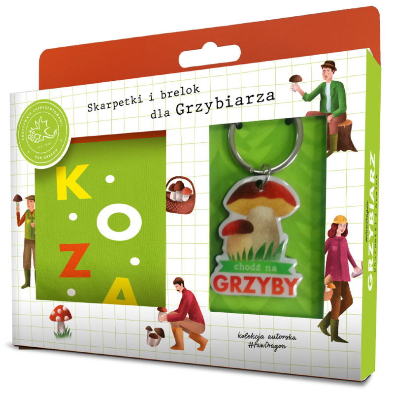 ZESTAW NA PREZENT DLA GRZYBIARZA GRZYBY SKARPETY I BRELOK CHODŹ NA GRZYBY