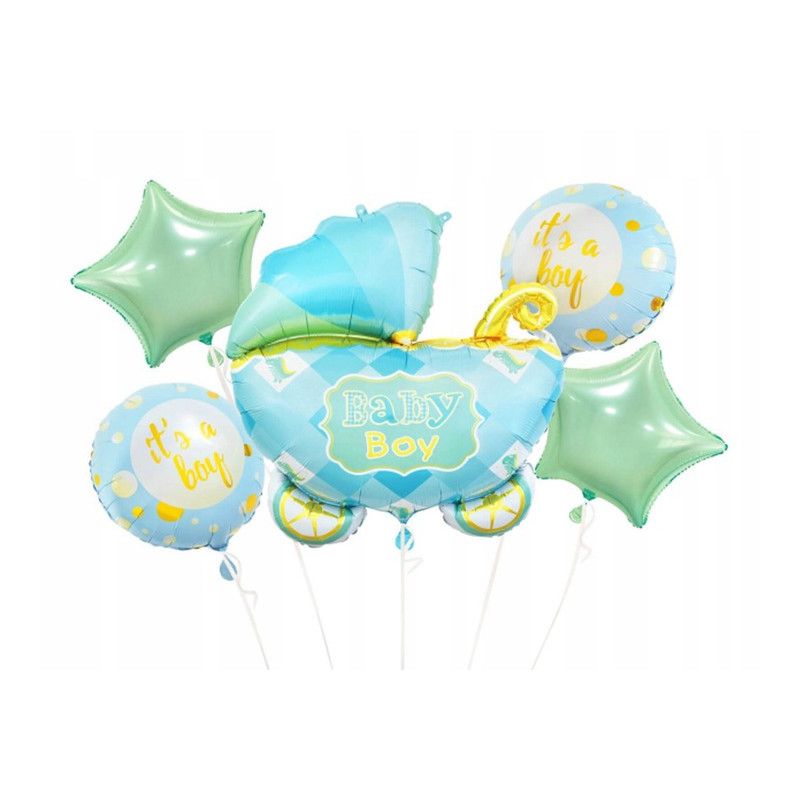 BALONY FOLIOWE 5 SZT na Baby Shower WÓZEK NIEBIESK