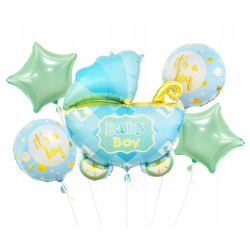 BALONY FOLIOWE 5 SZT na Baby Shower WÓZEK NIEBIESK