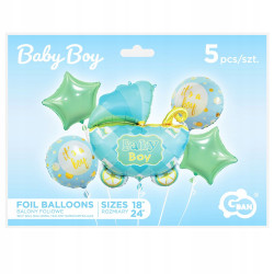 BALONY FOLIOWE 5 SZT na Baby Shower WÓZEK NIEBIESK