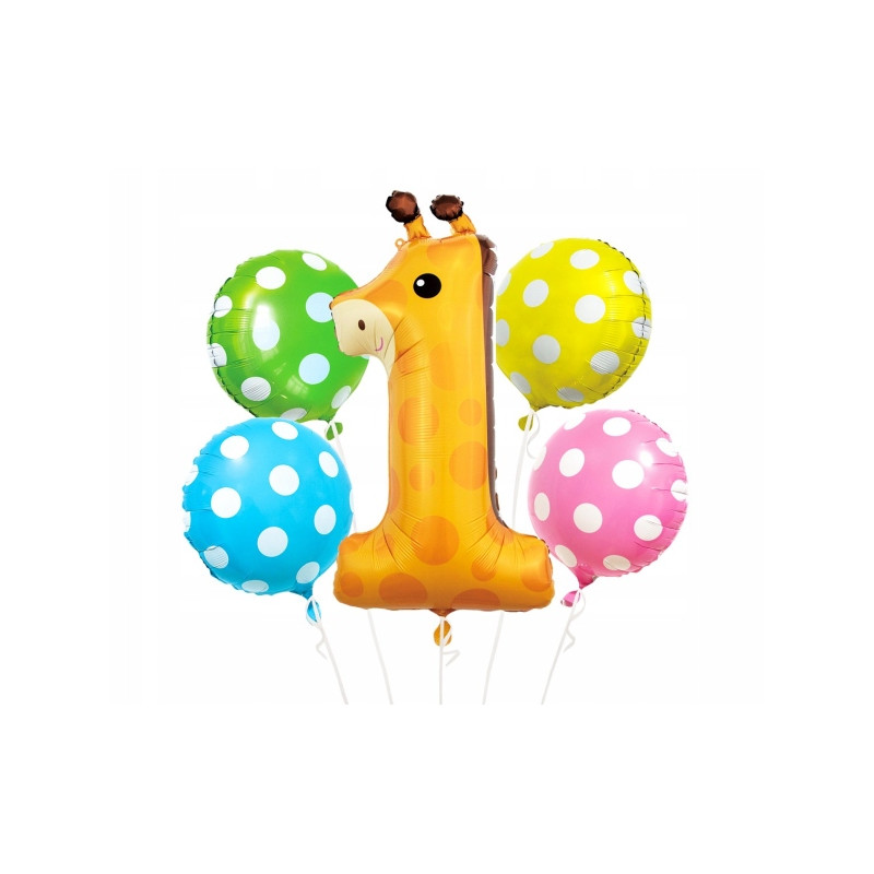 BALONY FOLIOWE NA ROCZEK ŻYRAFA CYFRA 1 5SZT