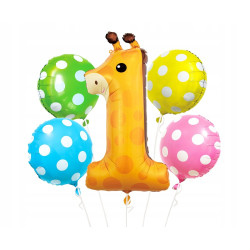 BALONY FOLIOWE NA ROCZEK ŻYRAFA CYFRA 1 5SZT