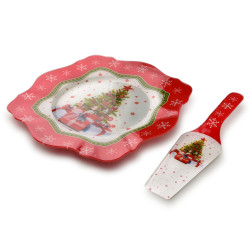 SANTA LILA Talerz świąteczny z łopatką do ciasta szkło 30,5x30,5x2,3cm