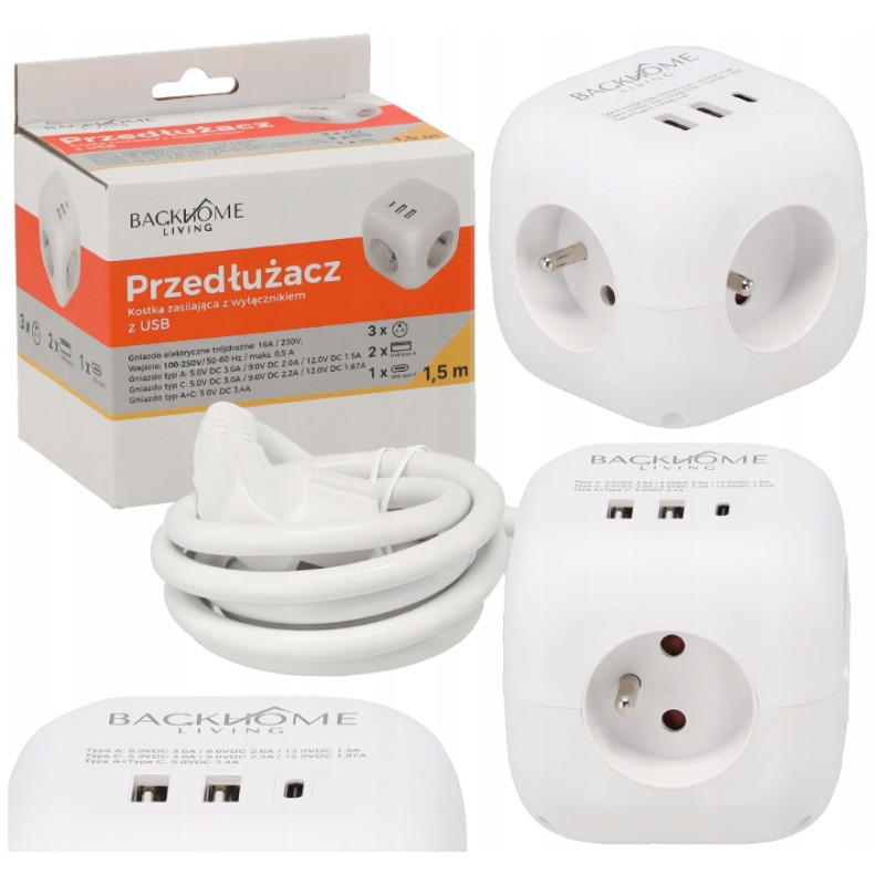 PRZEDŁUŻACZ KOSTKA ZASILAJĄCA 3 GNIAZDA 230V I 3 GNIAZDA USB 1,5 M BIAŁA