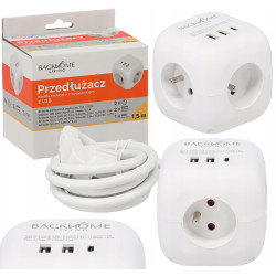 PRZEDŁUŻACZ KOSTKA ZASILAJĄCA 3 GNIAZDA 230V I 3 GNIAZDA USB 1,5 M BIAŁA