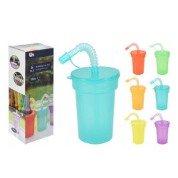 Zestaw 6 kubków 380ml z pokrywką i słomką, mix kolorów, plastikowe