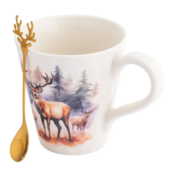 Kubek świąteczny porcelanowy ze złotą łyżeczką w pudełku Jeleń 480 ml