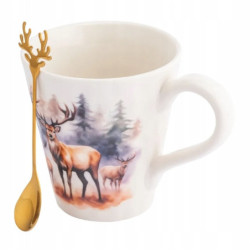 Kubek świąteczny porcelanowy ze złotą łyżeczką w pudełku Jeleń 480 ml