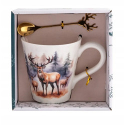 Kubek świąteczny porcelanowy ze złotą łyżeczką w pudełku Jeleń 480 ml
