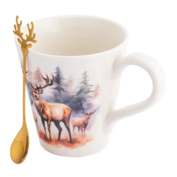 Kubek świąteczny porcelanowy ze złotą łyżeczką w pudełku Jeleń 480 ml