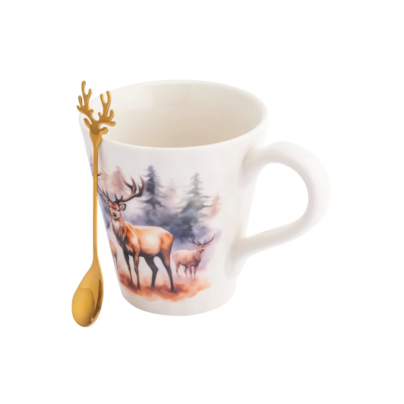 Kubek świąteczny porcelanowy ze złotą łyżeczką w pudełku Jeleń 480 ml