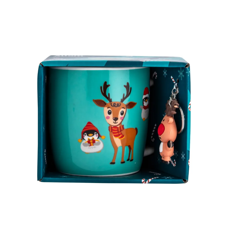 Kubek świąteczny porcelanowy z brelokiem Renifer 380 ml opakowanie prezentowe