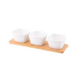 REGULAR ZEST. 3 DIPÓW KWADRATOWYCH Z PORCELANY KREMOWEJ 150 ML NA BAMBUSOWEJ PODSTAWIE 28X8.5X1CM